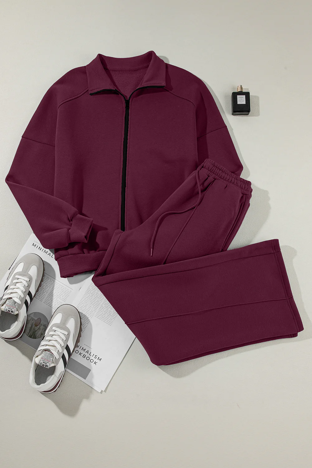 Burgundy Drop Shoulder Zip Up Jacket Drawstring Pants Active 2pcs Set