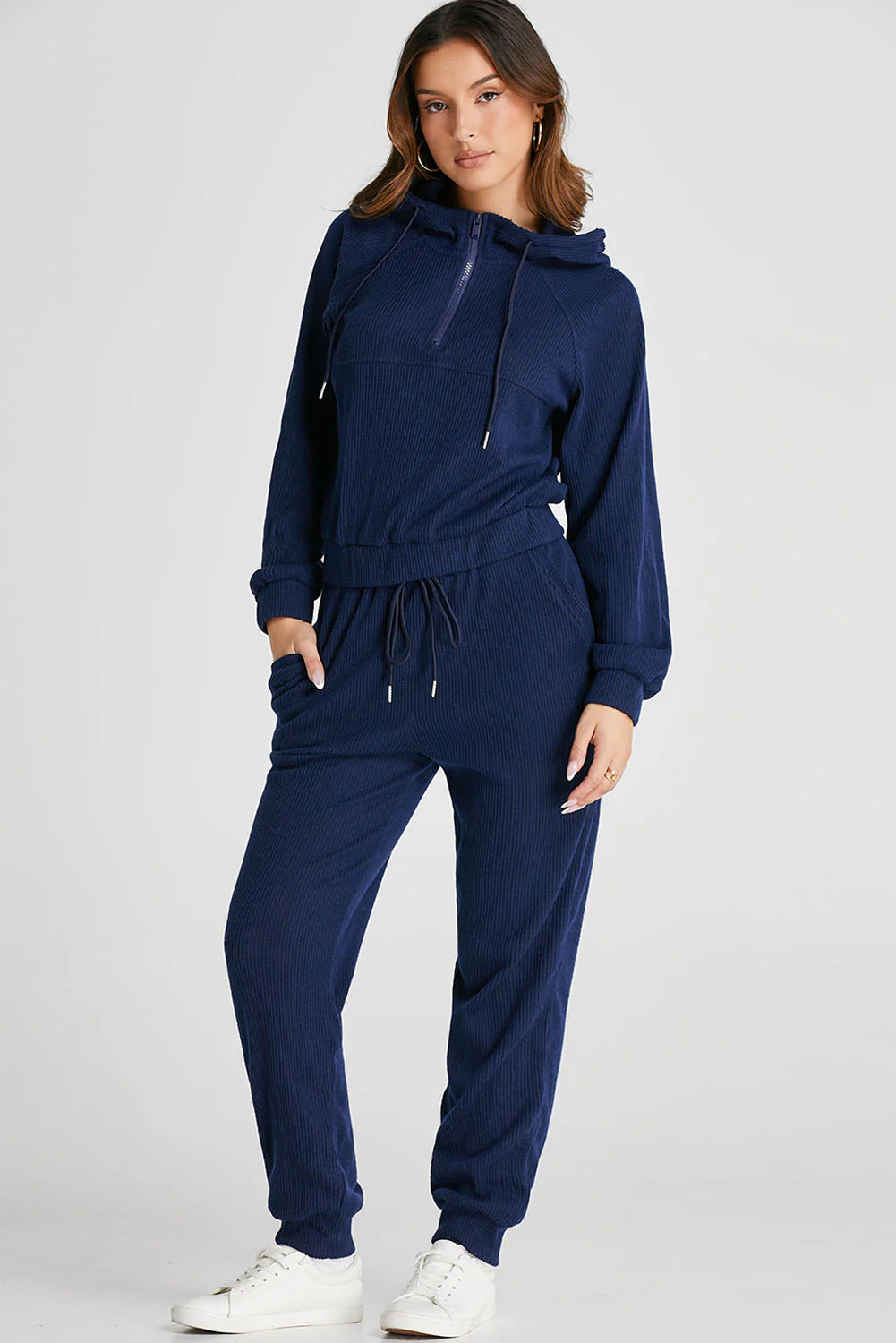 Navy Blue Ribbed Knit Cropped Hoodie and Drawstring Joggers Set