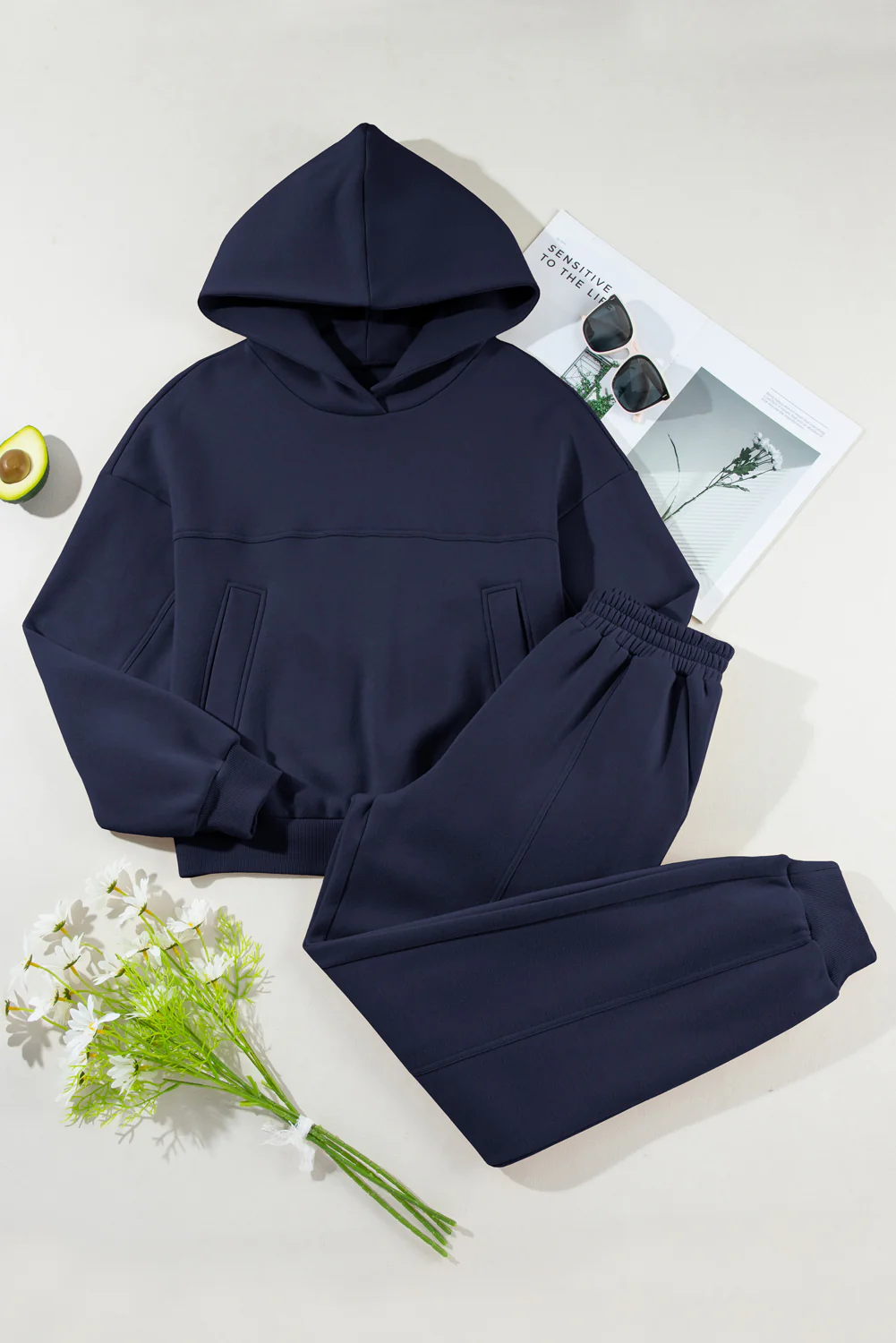 Navy Blue Solid Exposed Seams Hoodie and Joggers Activewear Set