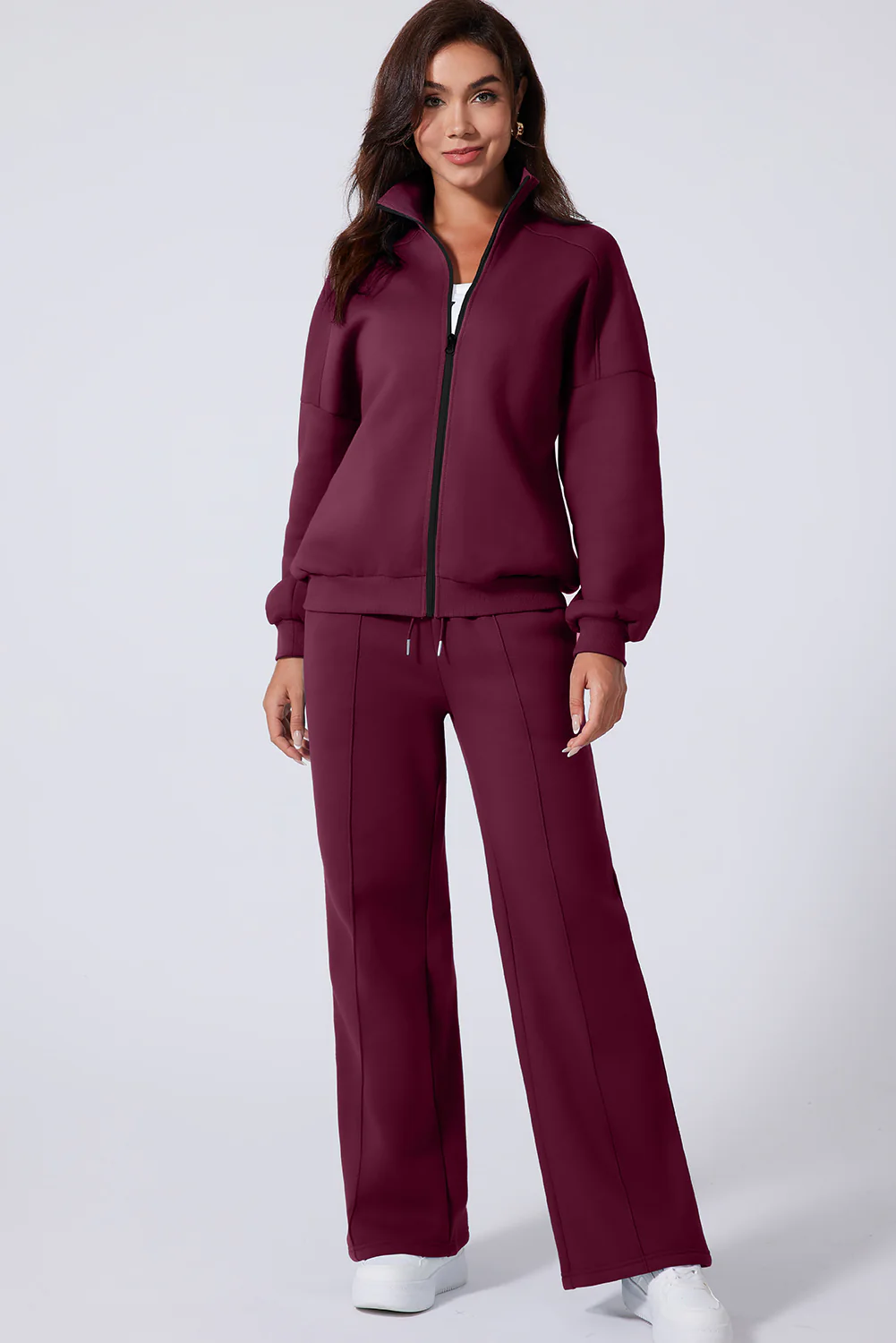 Burgundy Drop Shoulder Zip Up Jacket Drawstring Pants Active 2pcs Set