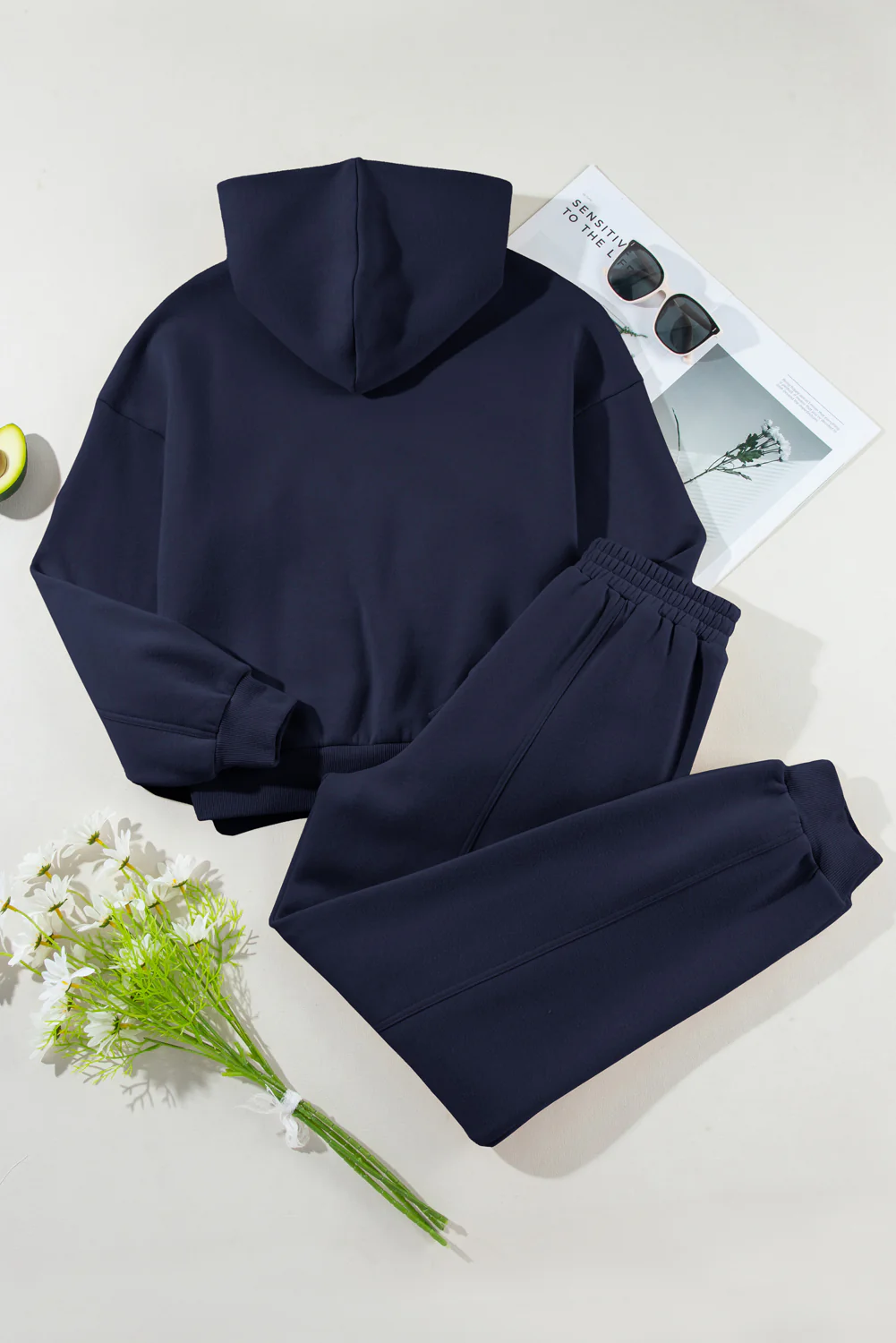 Navy Blue Solid Exposed Seams Hoodie and Joggers Activewear Set