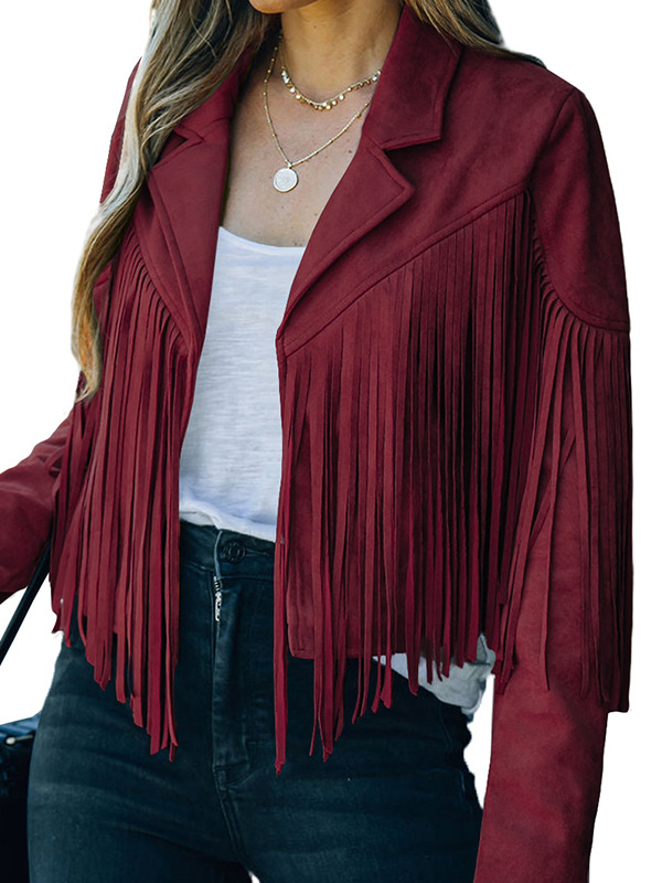 Batwing Sleeves Long Sleeves Solid Color Split-Joint Tasseled Notched Collar Jackets Outerwear