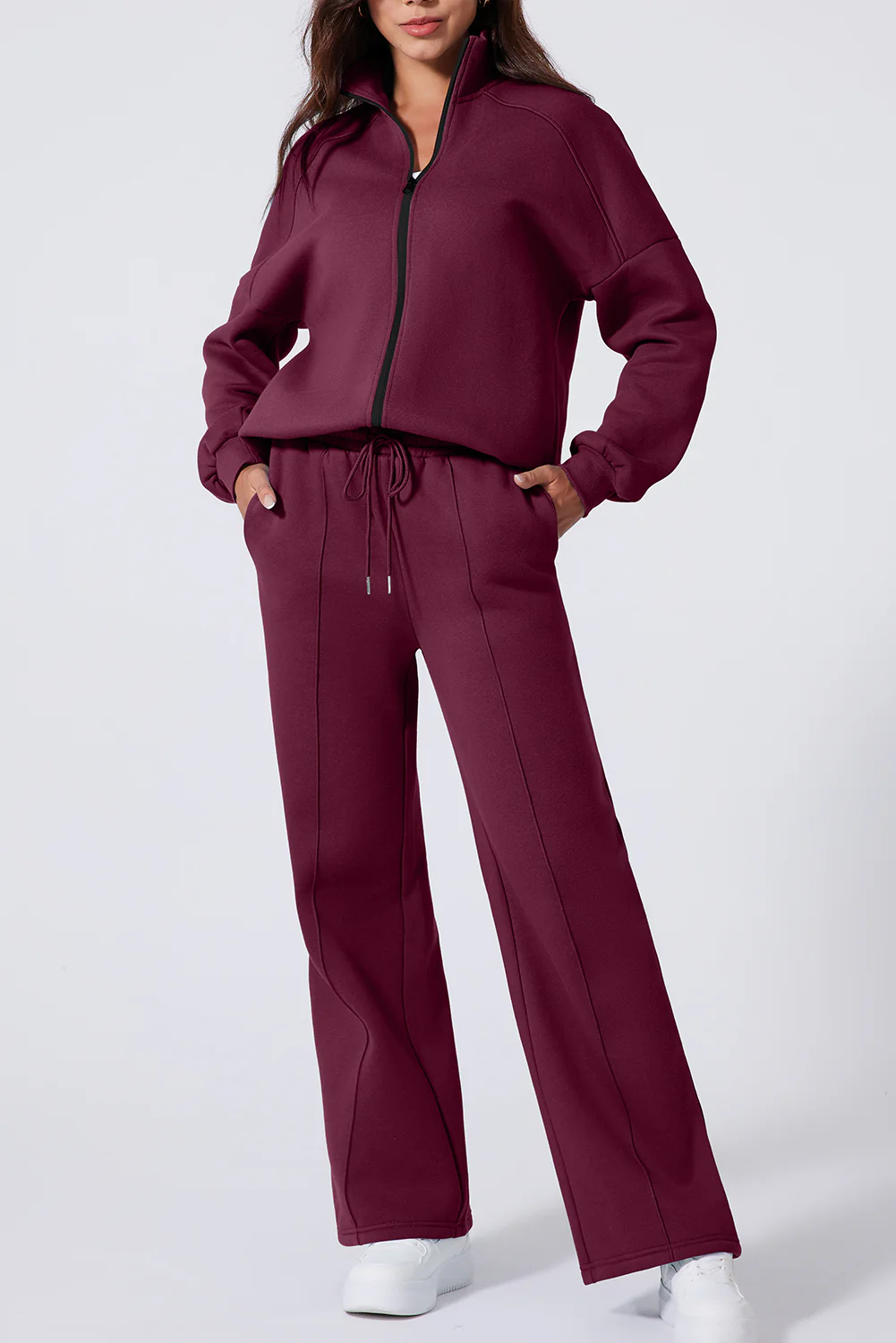 Burgundy Drop Shoulder Zip Up Jacket Drawstring Pants Active 2pcs Set