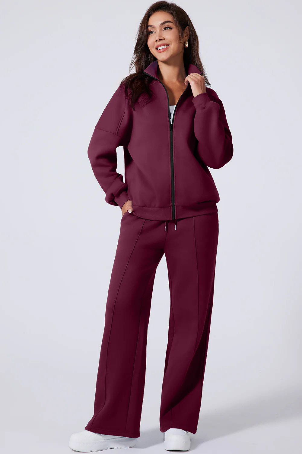 Burgundy Drop Shoulder Zip Up Jacket Drawstring Pants Active 2pcs Set